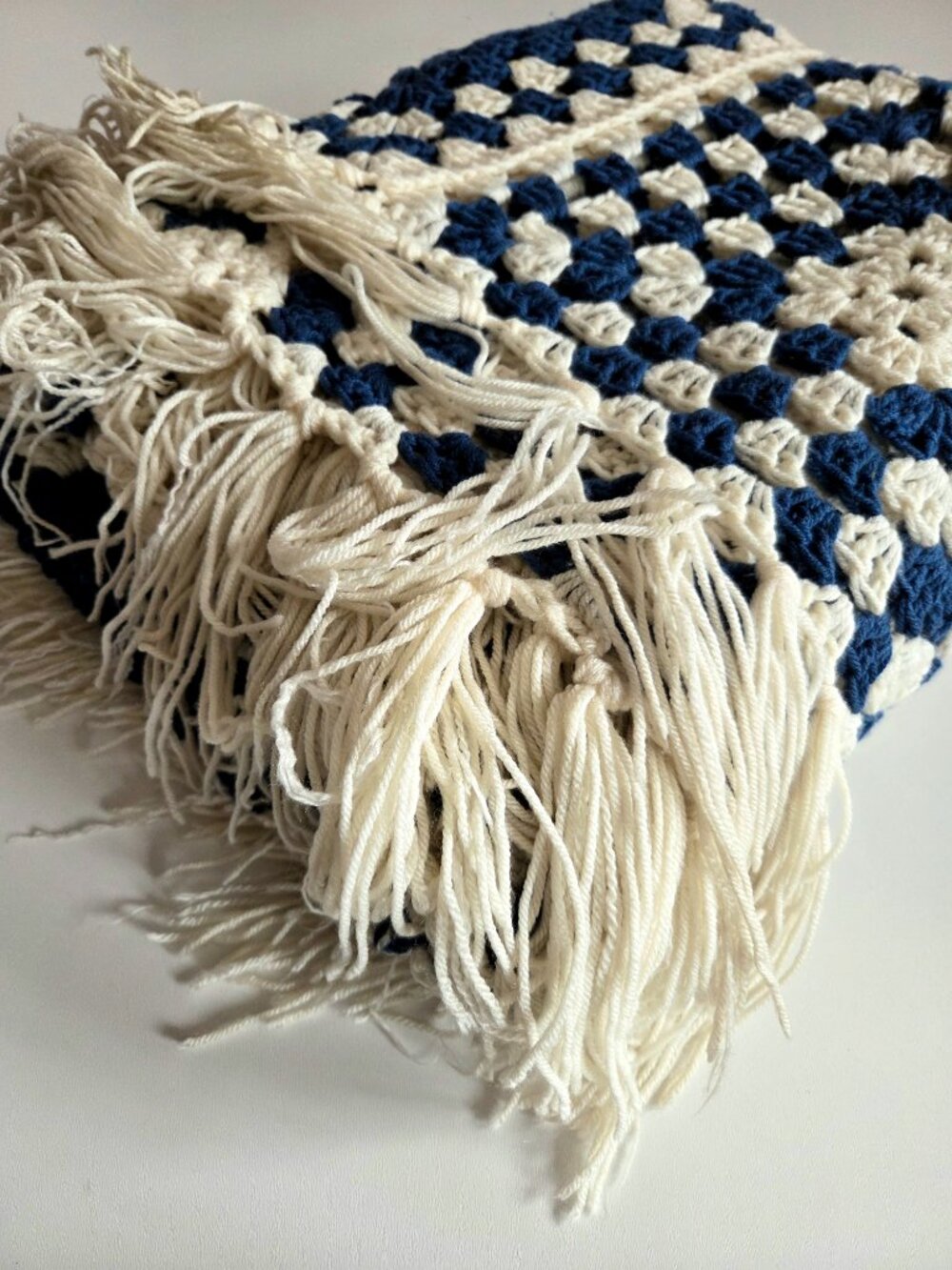 Large Handmade Granny Square Throw Afghan Blanket Blue Beige Boho Cozy Fringes - Picture 3 of 7